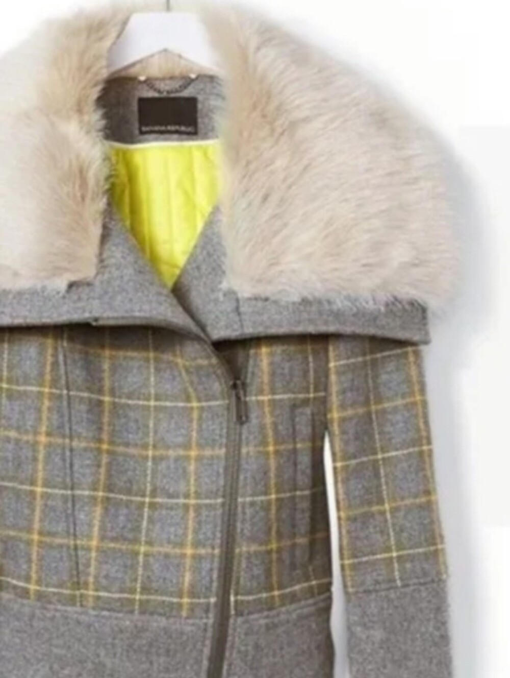 NWT! Banana Republic Grey Plaid Jacket with Faux Fur Collar, XSP
